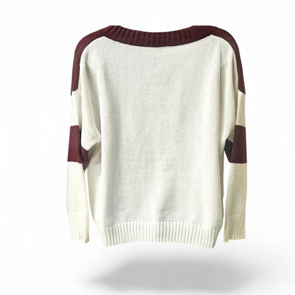 Plus Size Women's V- Neck LongSleeve Maroon & White Oversized Sweater 2X - Picture 7 of 11